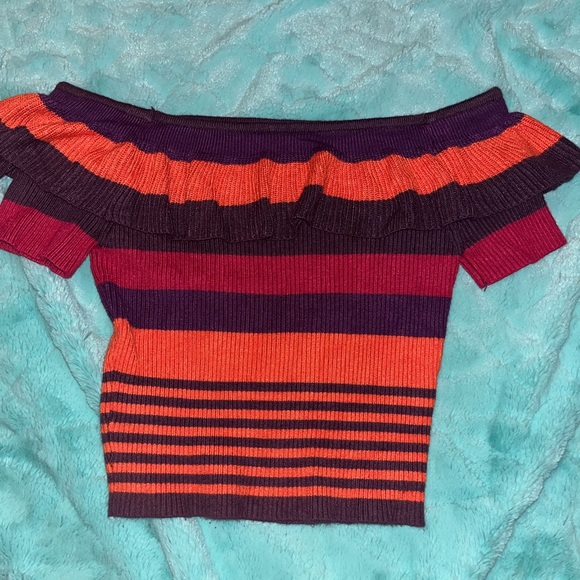 kimchi blue off-the-shoulder ruffle top - purple, pink, & orange striped - Picture 3 of 8
